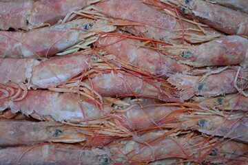 close-up of whole frozen shrimp in their shells 