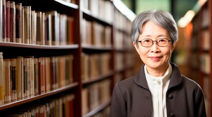Portrait of an asian  senior woman posing in a library, horizontal background, copy space for text