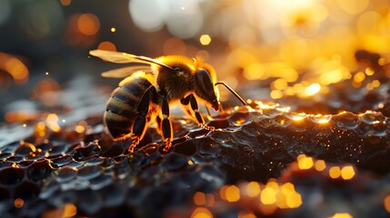 Close-up of a bee pollinating honeycombs at sunset - obrazy, fototapety, plakaty