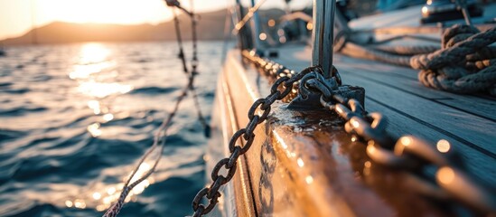 Yacht with close-up anchor chain view near Gibraltar, summer Atlantic sailing. Freight transport, global communications theme. - obrazy, fototapety, plakaty
