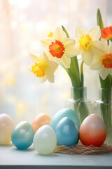 Fototapeta na wymiar Colorful Easter eggs and daffodils, narcissus flowers, against blurred background. Easter decoration.