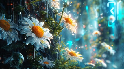 Fototapeta na wymiar flower in the sky, Explore the beauty of cyberpunk aesthetics entwined with the delicacy of watercolor as daisies come to life in a hyper-realistic masterpiece