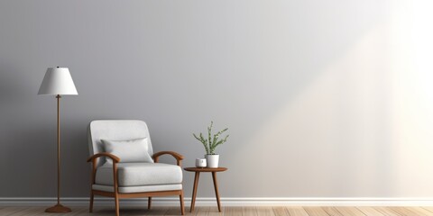 Minimalist interior with a white armchair, lamp and coffee table with a flower. Can be used for layouts and templates. Copy space.