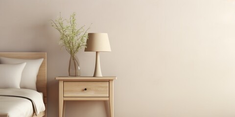 Minimalist design with a bed, bedside table, lamp and vase with a plant on it.