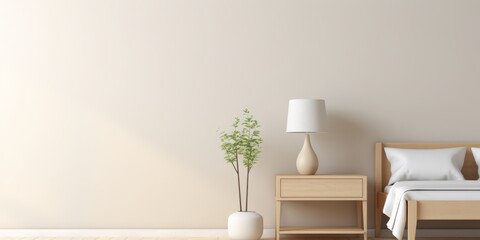 Minimalist design with a bed, a bedside table and a lamp on it, as well as a flower pot with a flower.