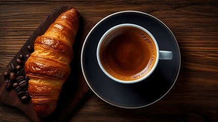 A cup of aromatic coffee with a croissant