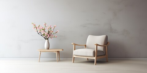 Minimalist interior with a Scandinavian armchair, a vase with a flower and a table against a gray wall.