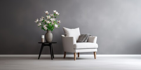 Modern design with a white armchair and a nightstand with a flowerpot on it.
