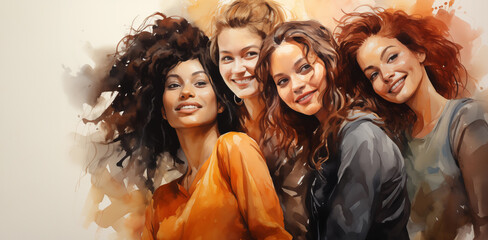 Group of diverse young women in watercolor style with copyspace for women's day concept - 704056450