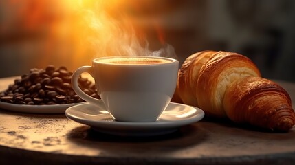 A cup of aromatic coffee with a croissant