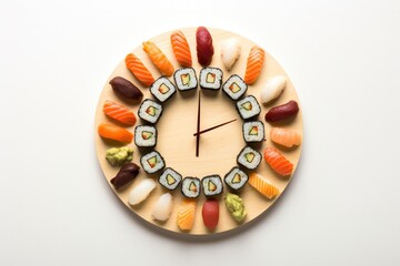 Time for sushi concept. Clock made of variety of maki, gunkan, nigiri, temaki with chopsticks on white background on wooden board. Japanese fusion restaurant website or social media banner.