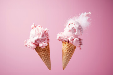 Levitating waffle cones filled with pink strawberry ice cream, with pieces artistically flying away, set on a blush pink backdrop creating a playful and vibrant scene