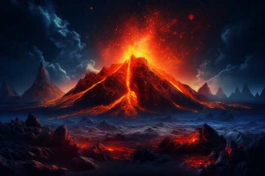 a volcano with a lava inside of it at night time with a bright orange glow on the ground and a dark blue 