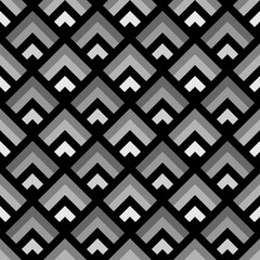 Seamless pattern design. Chevrons abstract artwork. Repeated grey angle brackets on black background. Scallop ornament. Image with scales. Modern japanese scallops motif. Squama image. Art deco vector