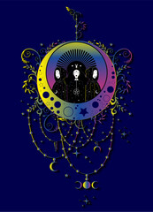 Mystical triple goddess, priestesses  on magical crescent moon. Beautiful celestial fairy women in colorful boho style. Gothic Witch wiccan female sacred design. Vector isolated on blue background