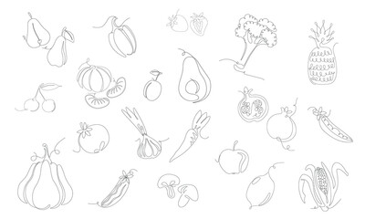 Set of outline Fruits, Vegetables and berries. Vector illustration isolated on white background. One line art Style. Collection with organic food. Can be also used like Banner, Flyer, Texture.