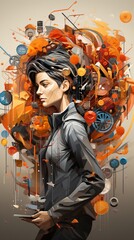 A woman standing in front of an abstract background