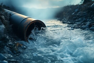 chemical plant pipes polluting river's water - obrazy, fototapety, plakaty