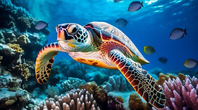 A green sea turtle swimming in a beautiful blue ocean reef at an island with fishes, seaweed and corals