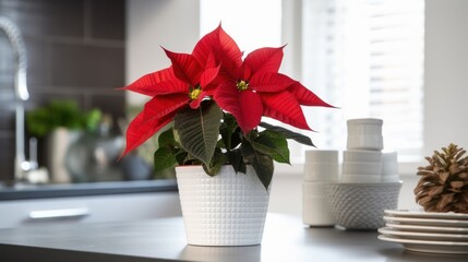 Indoor flower Christmas Star, Poinsettia in a pot in the interior decor of the house