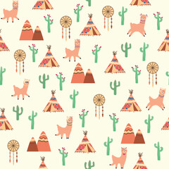 Cute pattern with llamas, cacti, Alps mountains, dream catcher, rainbows and hearts. Children s room design