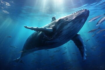 a great blue whale swimming in the ocean