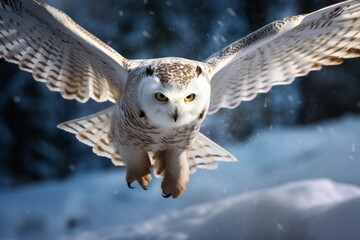 an owl flying in the snow in winter