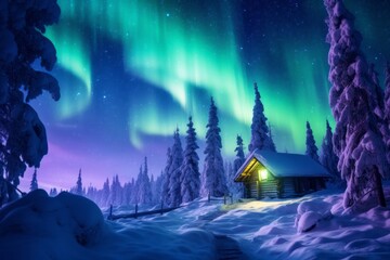 Naklejka premium a wooden cabin in a snowy forest under the northern lights shining in the sky