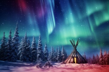 a wooden cabin in a snowy forest under the northern lights shining in the sky
