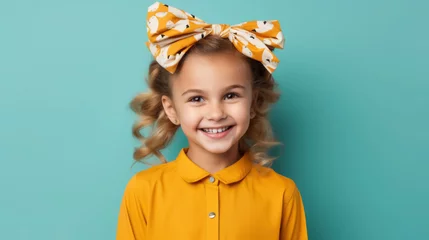 Fotobehang beautiful smiling little girl with headband and wavy hair on color background in studio, happy child, children's fashion, portrait, kid, childhood, stylish person, cute baby, hairband, emotional face © Julia Zarubina