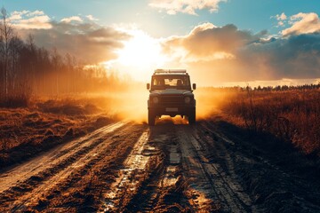 a 4x4 car driving offroad on a dusty countryside road  - obrazy, fototapety, plakaty
