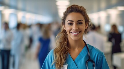Fototapeta premium A young female doctor is standing in a hospital corridor