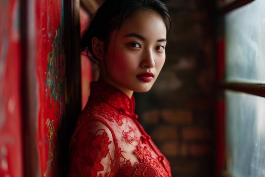 a chineese woman in a red dress