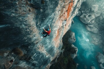 a fit climber climbing a stone cliff over a river - obrazy, fototapety, plakaty