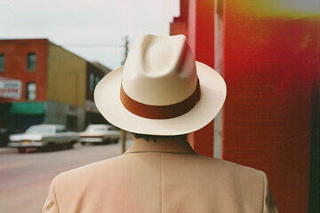 Back side of a man with hat - retro film photo