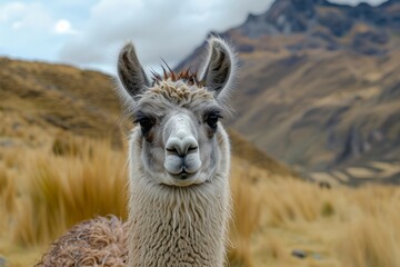 Obraz premium a close up shot of a llama looking to camera in andes mountains