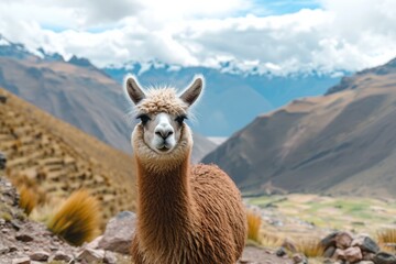 a close up shot of a llama looking to camera in andes mountains