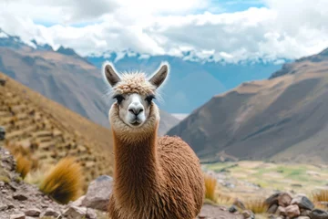 Foto auf Alu-Dibond a close up shot of a llama looking to camera in andes mountains © urdialex