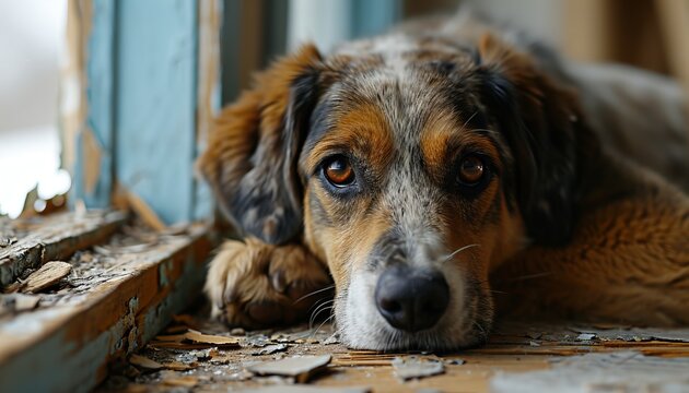 Lonely and dejected dog on a leash, longing for food amidst the desolation of a broken down house