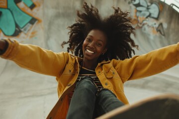 a stylish young black skater woman skating on her skateboard in a skatepark