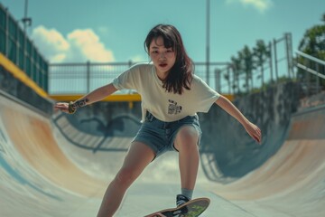 Fototapeta na wymiar a stylish young asiatic skater girl skating on her skateboard in a skatepark