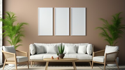 Three blank photo frames above white sofa with potted plant on wooden table and two wicker chairs beside it - Powered by Adobe