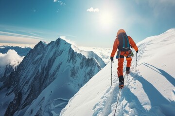 an alpinist reaching the summit of a snowy mountain in a big mountain range - obrazy, fototapety, plakaty