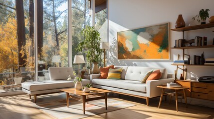 Modern living room interior with large windows and colorful painting
