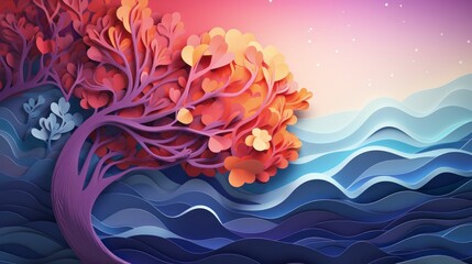 Paper cut tree before the sea, craft art background