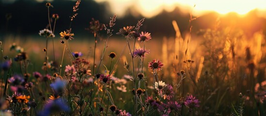 Dusk wildflowers in a field.