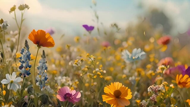 Spring wildflower field in beautiful sunlight. Slow motion movie showing a field of pretty wild flowers gently swaying in the breeze focusing on the poppies and cornflowers in the foreground. A stunni