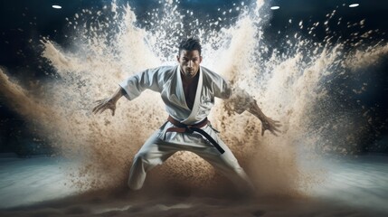 Obraz premium Sports Olympic games background, martial art empowering, sand splash