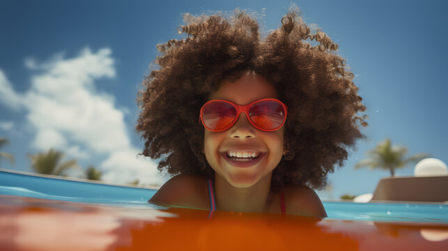 happy girl with afro hair having fun on vacation in the pool