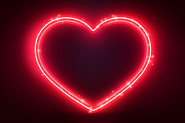 Happy Valentine, Valentine's Day concept - Empty neon lights heart shape frame design element. Geometric glow outline shape or laser glowing lines. Abstract red background with place for text